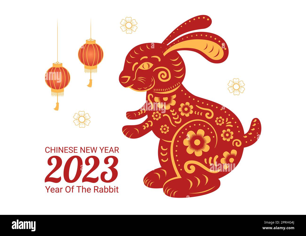 Cinese Lunar Capodanno 2023 giorno del coniglio Zodiaco modello del segno Cartoon disegnato a mano con Flower, Lanterna e sfondo di colore rosso Foto Stock
