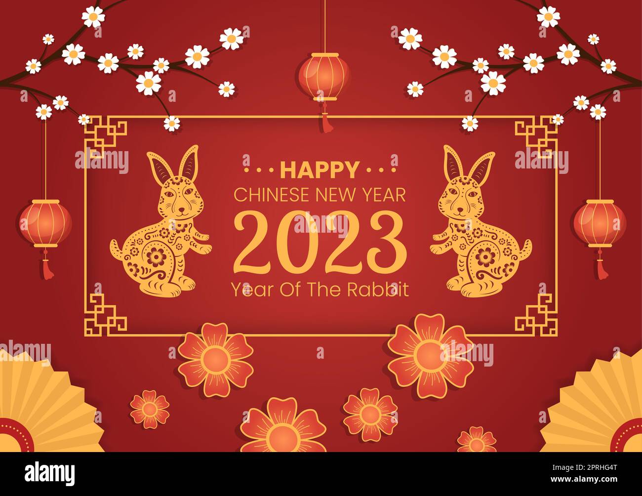 Cinese Lunar Capodanno 2023 giorno del coniglio Zodiaco modello del segno Cartoon disegnato a mano con Flower, Lanterna e sfondo di colore rosso Foto Stock