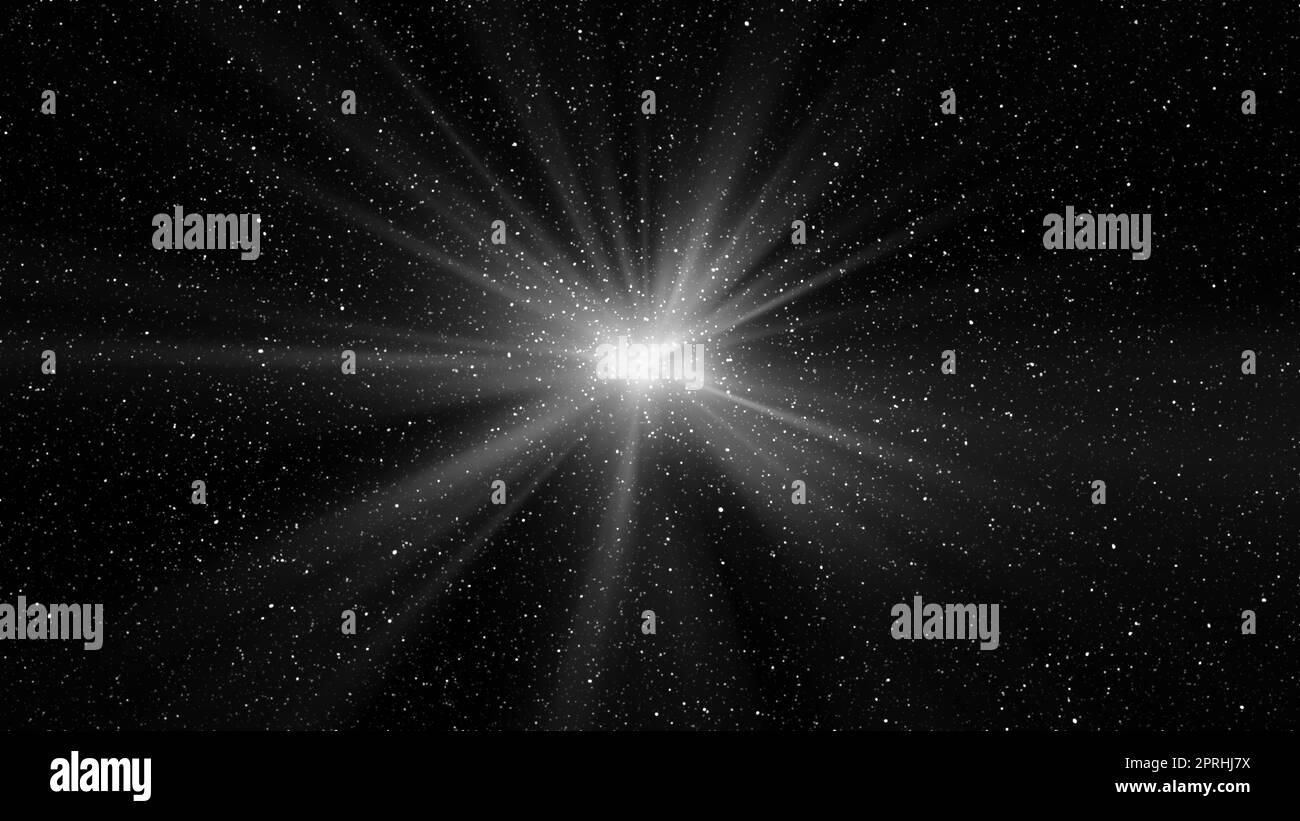 Una raffica di luce nello spazio. Sfondo orizzontale cielo stellato nero notturno Foto Stock