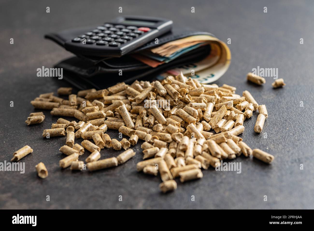 Pellet di legno, biocarburante con moneta in euro. Carburante ecologico a base di biomassa. Fonte di energia rinnovabile. Foto Stock