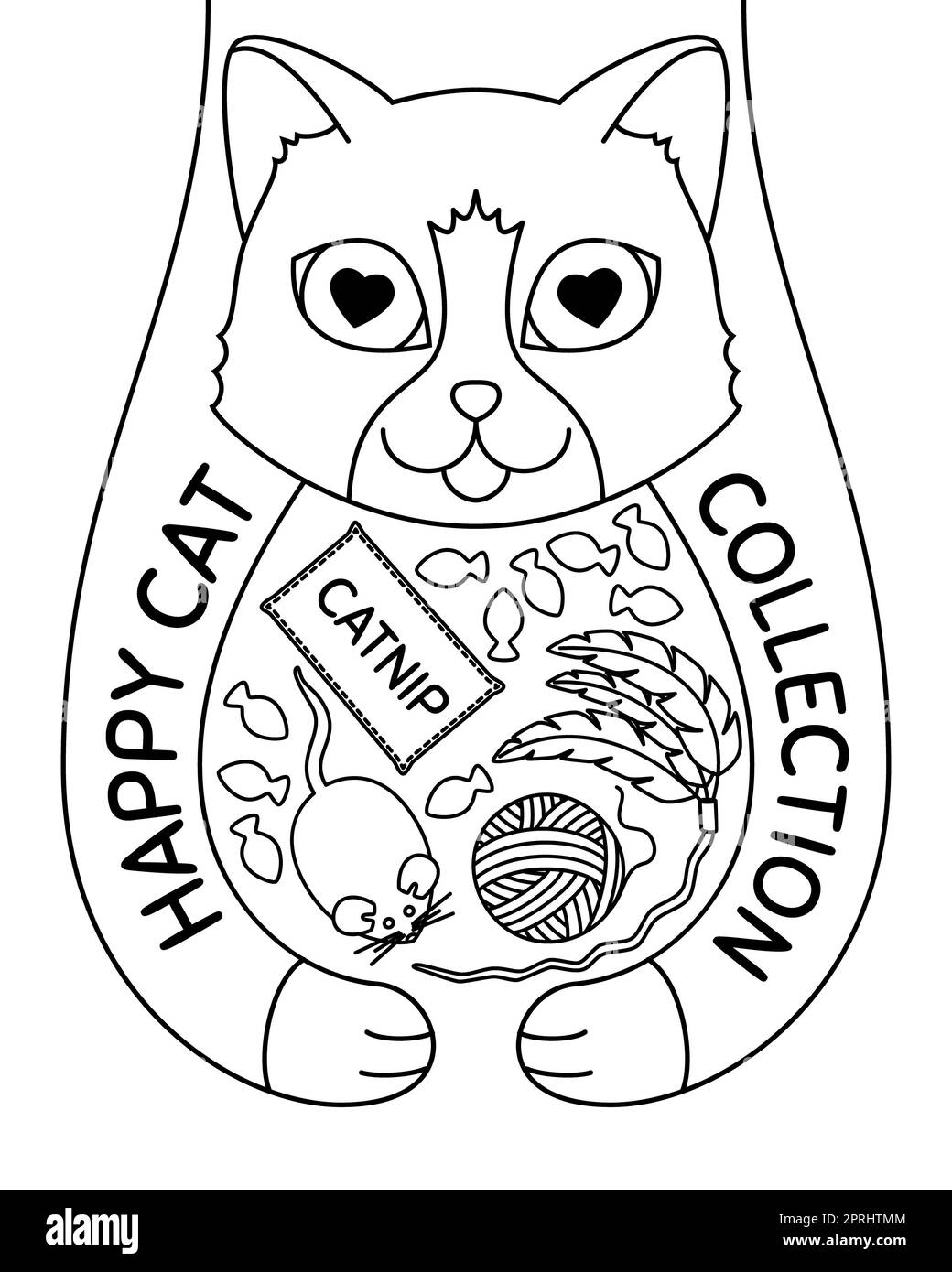 Gatto Doodle con giocattoli e dolcetti. Poster disegnato a mano di prodotti felini. Elemento grafico per stampa di magliette, pubblicità di negozi di animali, cat food id Foto Stock