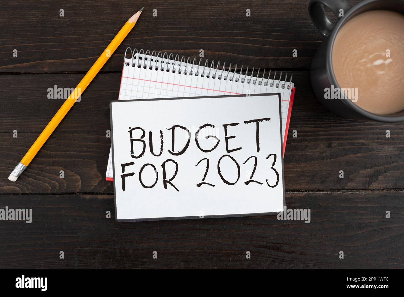 Scrittura visualizzazione del testo bilancio per il 2023An stime scritte delle entrate e delle spese per il 2023. Concetto che indica una stima scritta delle entrate e delle spese per il 2023 Foto Stock