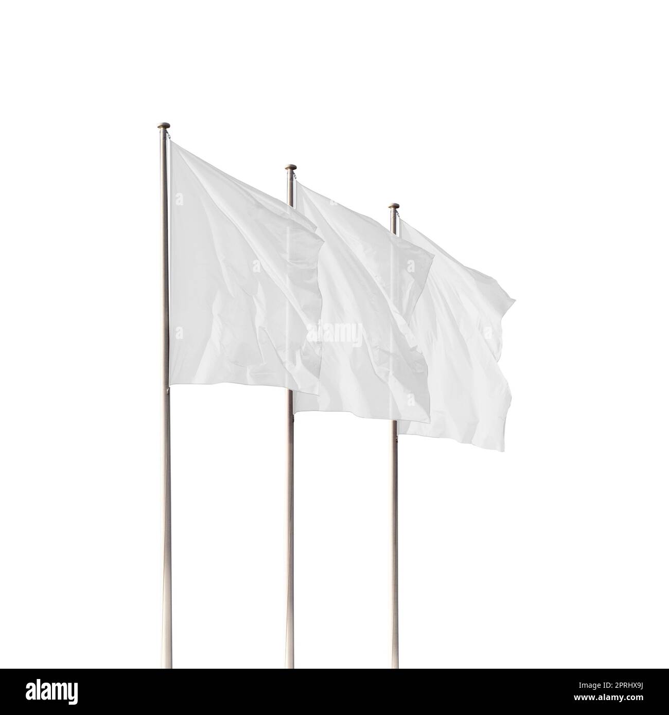 Tre bandiere bianche vuote che ondeggiano nel vento isolato. Il mockup perfetto per aggiungere qualsiasi logo, simbolo o segno Foto Stock