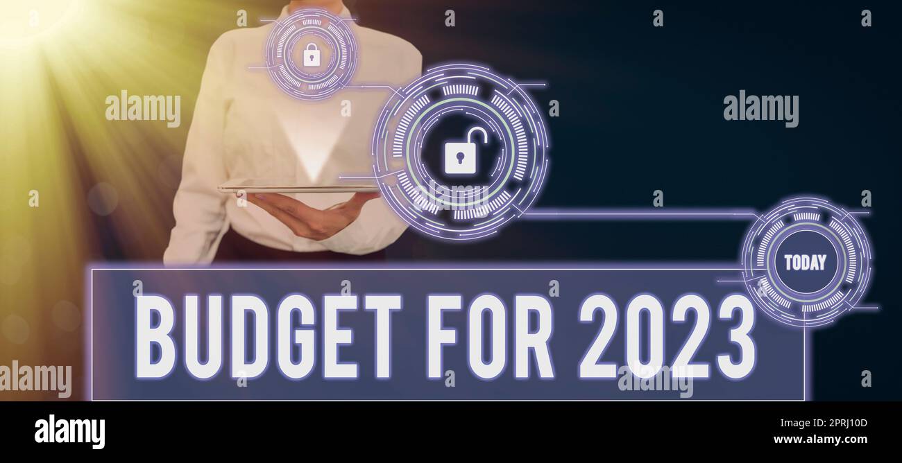 Scrittura visualizzazione del testo bilancio per il 2023An stime scritte delle entrate e delle spese per il 2023. Foto concettuale una stima scritta delle entrate e delle spese per il 2023 Foto Stock