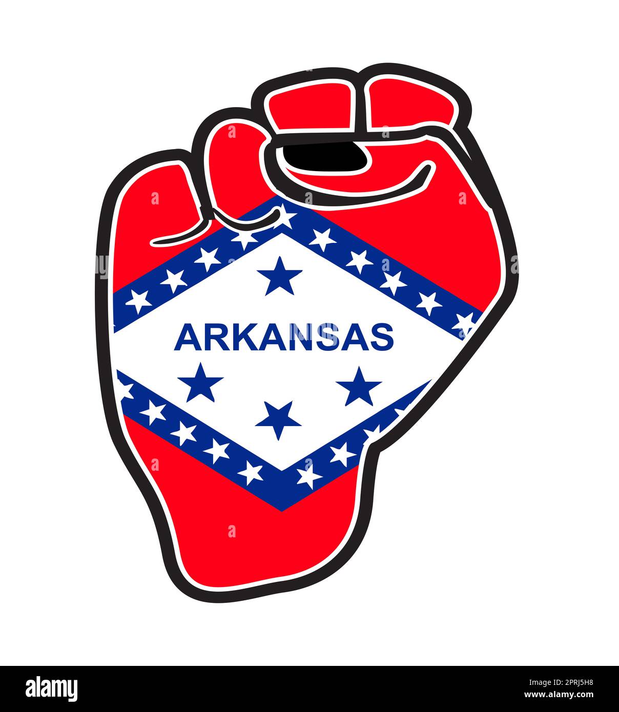 Un pugno di potere a contorno nero sopra le icone della bandiera di stato dell'Arkansas isolate su uno sfondo bianco Foto Stock
