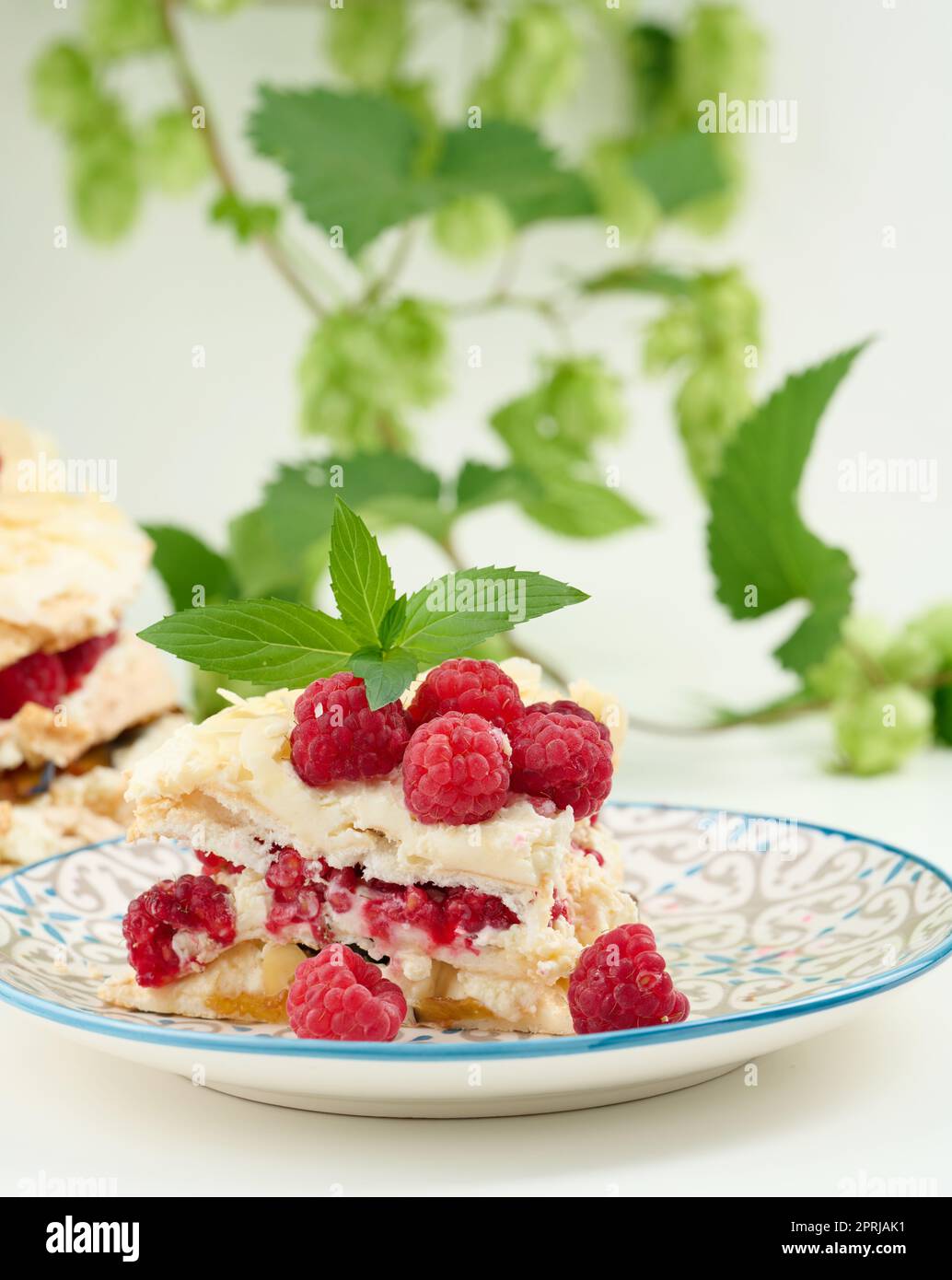 Torta di meringa rotonda con lamponi freschi su sfondo bianco, Pavlova dessert Foto Stock
