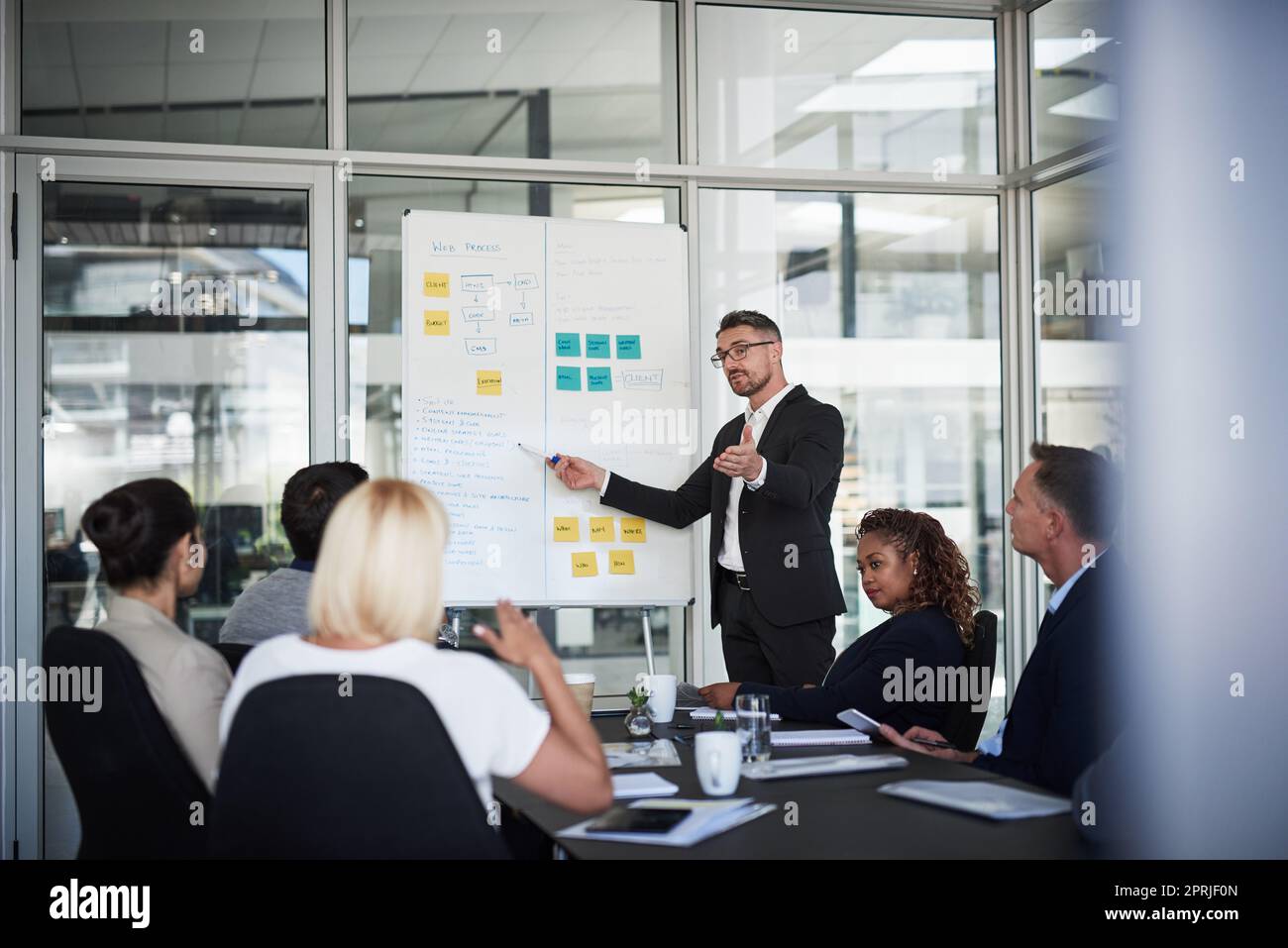 Abbiamo la capacità di fare in modo che ciò accada: Un uomo d'affari maturo che spiega cose correlate al lavoro durante una presentazione ai colleghi di lavoro in una sala riunioni. Foto Stock