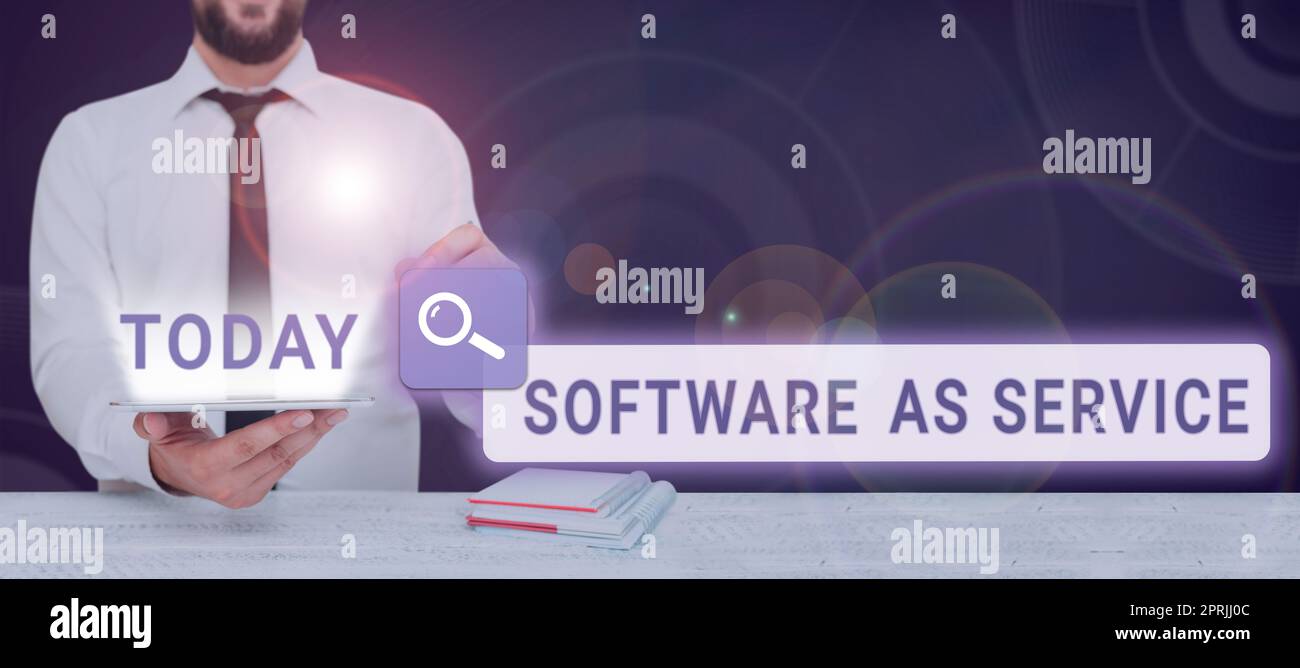 Scrittura visualizzazione testo Software come Servizio. Concetto che significa on Demand concesso in licenza su abbonamento e ospitato centralmente Foto Stock