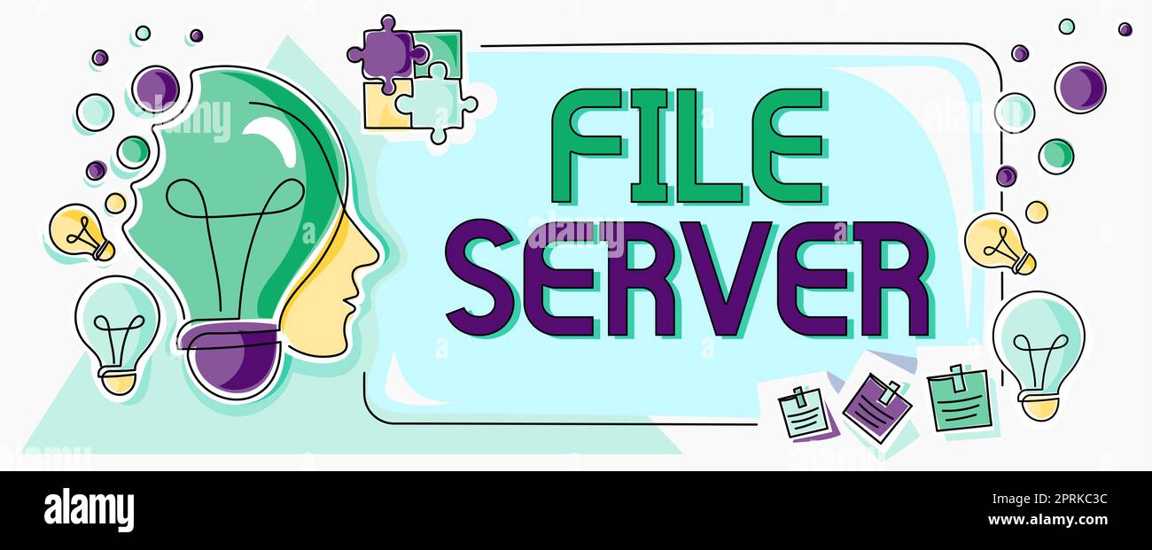 Didascalia di testo che presenta file Server, concetto che significa dispositivo che controlla l'accesso ai dati memorizzati separatamente Foto Stock