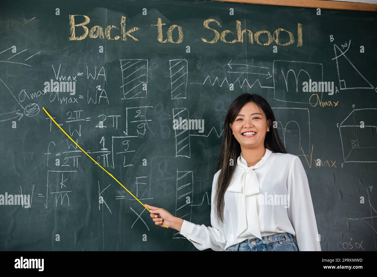 Concetto di ritorno a scuola. Felice bella giovane donna in piedi tenere puntatore a bordo posteriore, insegnante femminile asiatica sorridente con bastone di legno che punta a bl Foto Stock