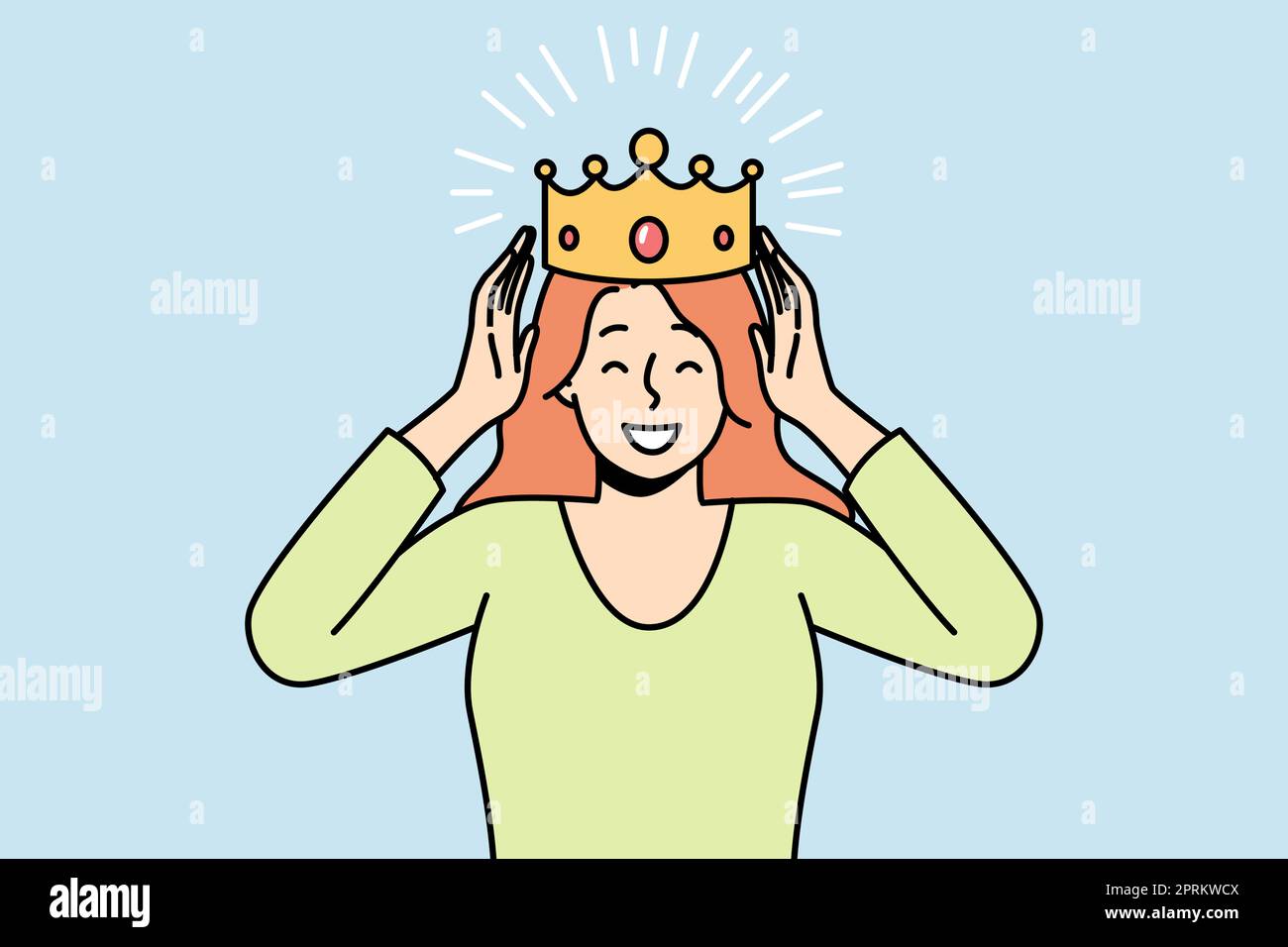 Giovane donna sorridente con corona sulla testa celebrare il successo. Felice donna fiduciosa coronata per buoni risultati o risultati. Illustrazione vettoriale. Foto Stock