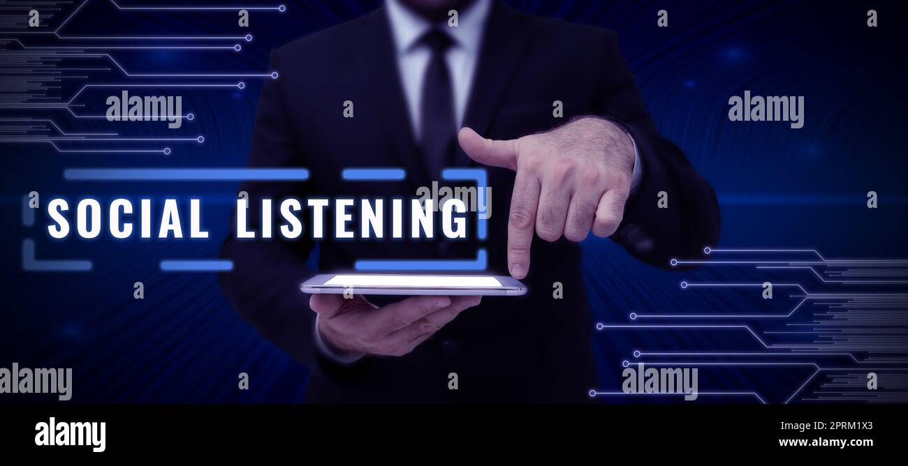 Segno che mostra ascolto sociale, Business vetrina strumento legale che regola la ridistribuzione del software Foto Stock