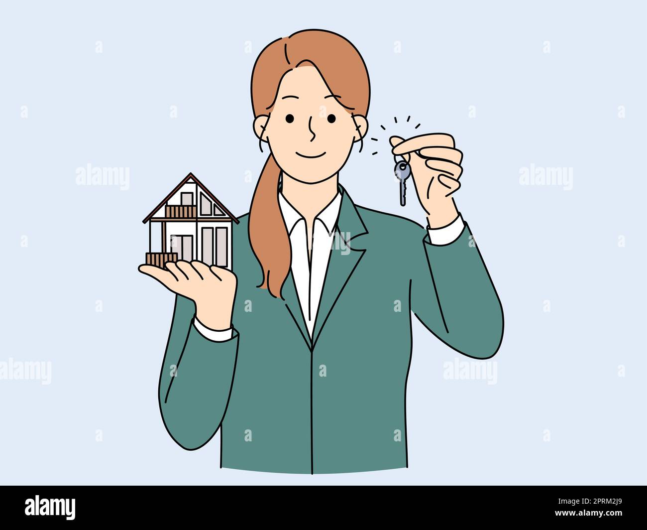 Sorridente realtor tenere casa miniatura e chiave Illustrazione Vettoriale