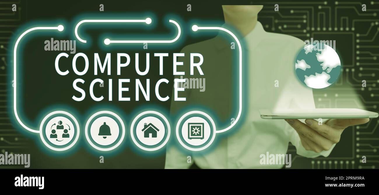 Cartello di testo che mostra computer Science, Word per istruire e aiutare gli utenti ad acquisire competenze in computer Businesswoman tenere Un tablet con Digital Displ Foto Stock