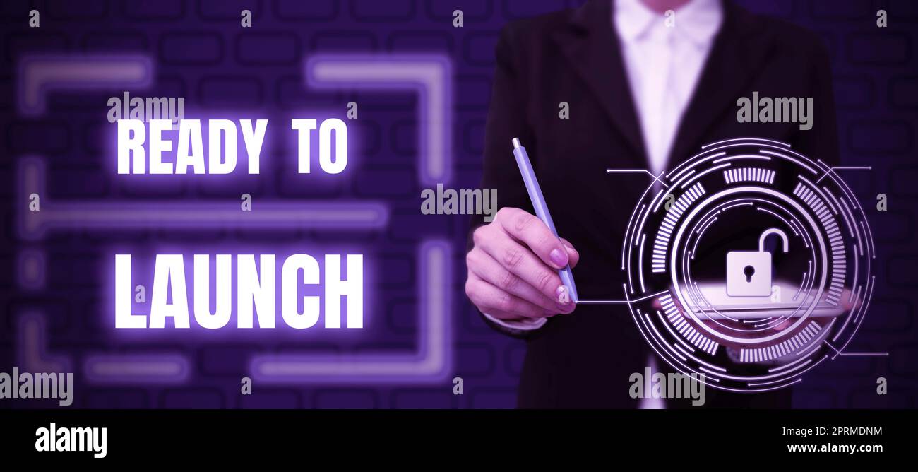Testo calligrafia pronto per il lancio. Internet Concept è pronto per iniziare la promozione di nuovi prodotti software applicazioni vuote bolla vocale con spazio di copia per il branding aziendale e la pubblicità. Foto Stock