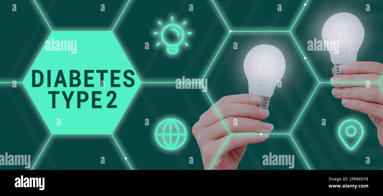 Segno di testo che indica il tipo di diabete 2. Concetto aziendale condizione quale corpo non utilizza correttamente l'insulina uomo d'affari che detiene Un pad con dati importanti nella progettazione futuristica di linee. Foto Stock
