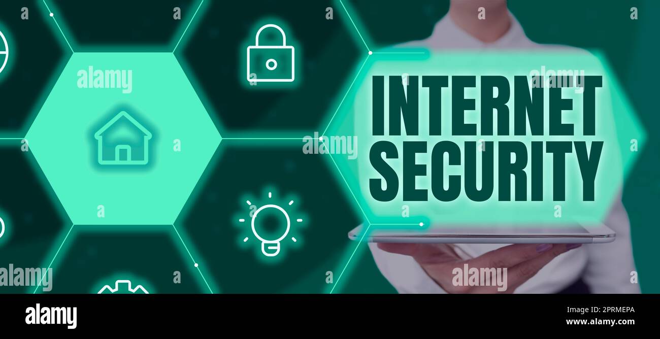 Ispirazione che mostra Sign Internet Security, Word per il processo di protezione dagli attacchi su Internet Foto Stock