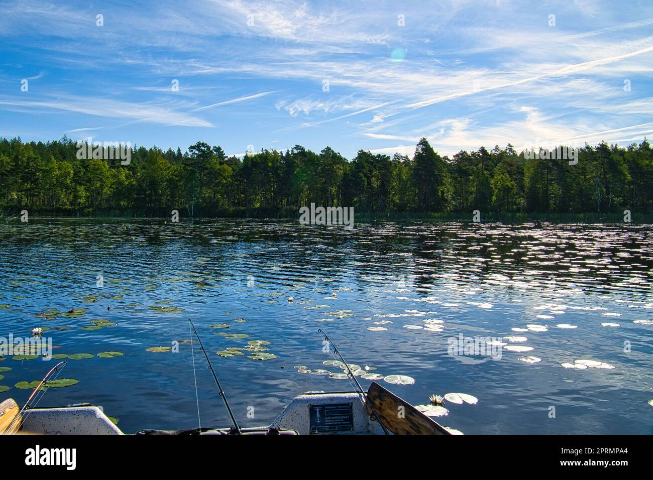 Un peschereccio su un lago in Svezia nel piccolo. Acqua blu, cielo soleggiato, foreste Foto Stock