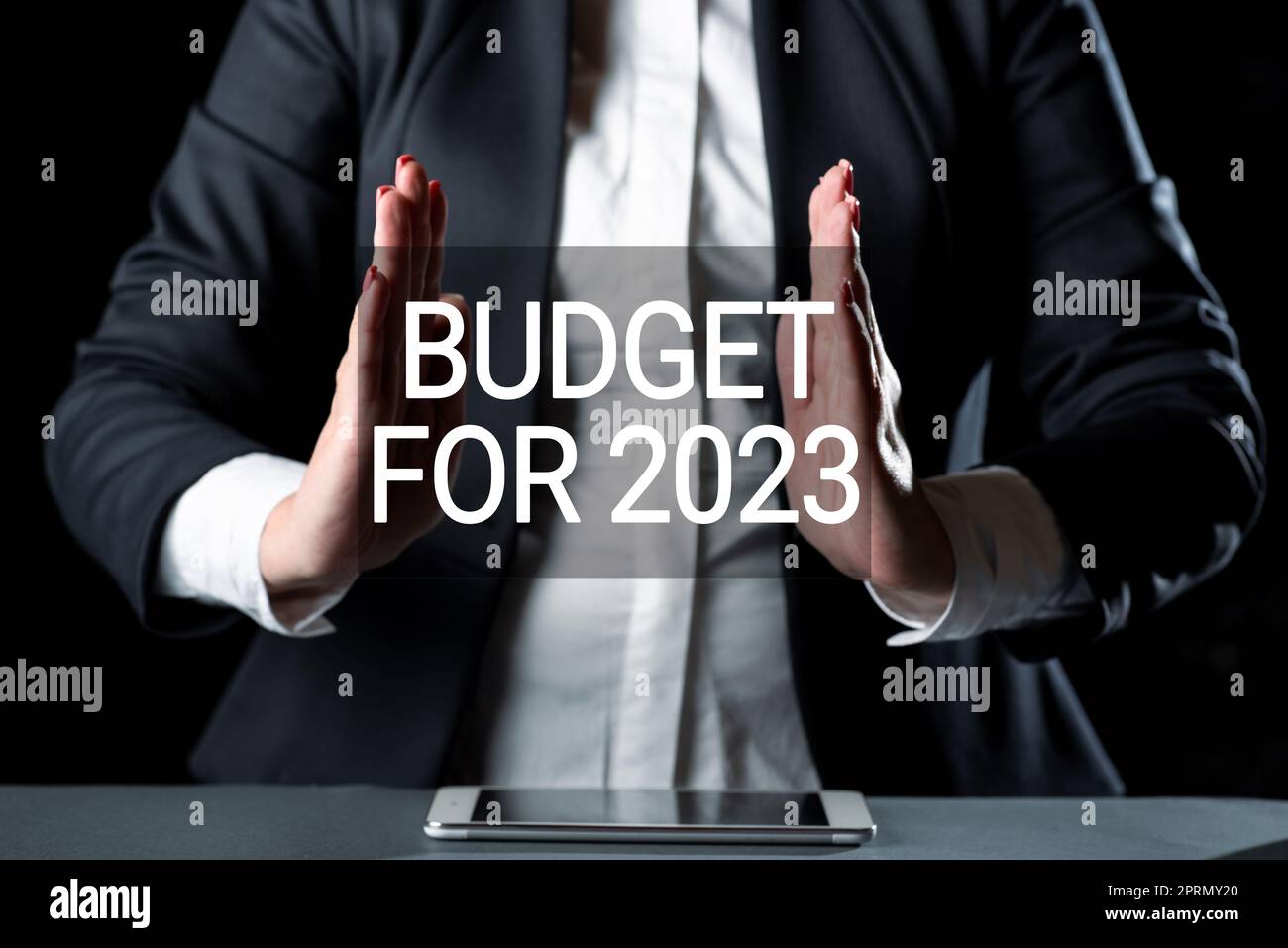 Testo calligrafico bilancio per il 2023An previsioni scritte delle entrate e delle spese per il 2023. Approccio aziendale stime scritte delle entrate e delle spese per il 2023 Foto Stock