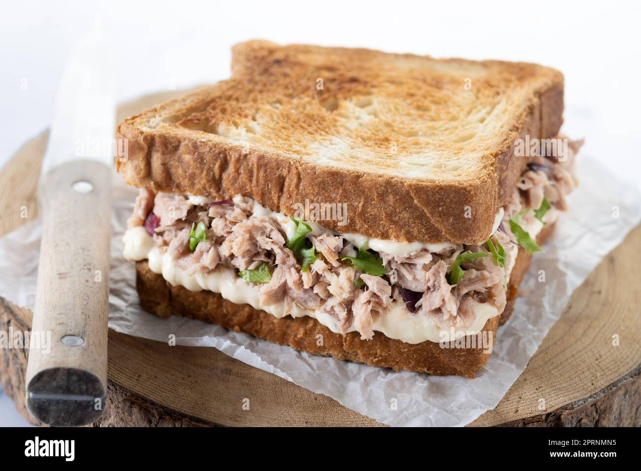 Panino di tonno con mayo e verdure su marmo bianco Foto Stock