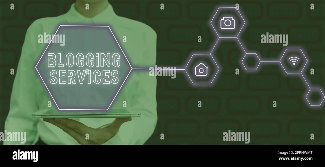 Segno che mostra Blogging ServicesSocial networking struttura giornalismo informativo. Word for Social Networking Facility Giornalismo informativo Foto Stock