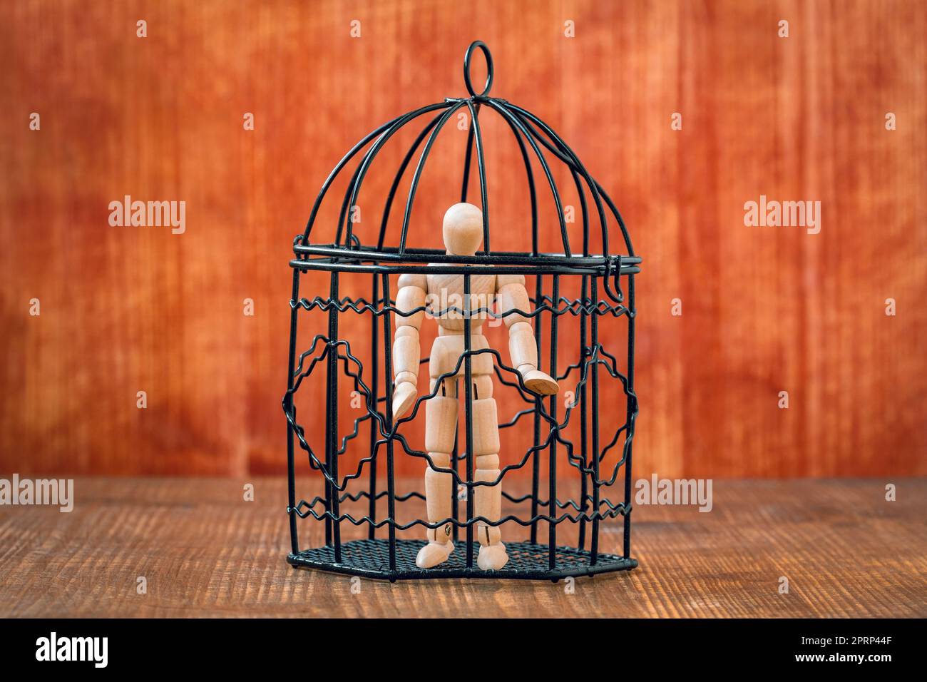 Manichino in legno all'interno di una gabbia per uccelli Foto Stock