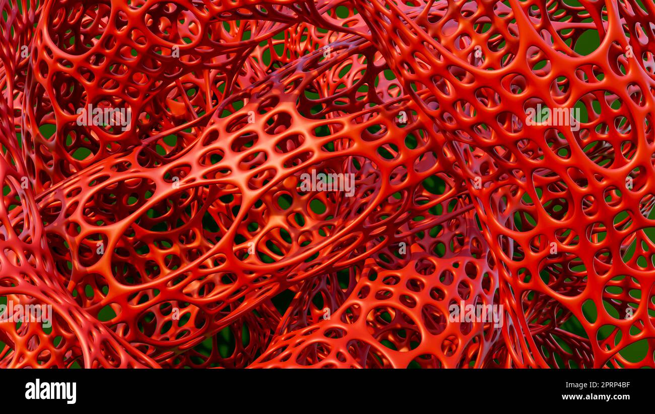Tecnologia aliena astratta organismo struttura futuristica in plastica rossa illustrazione 3D. Foto Stock