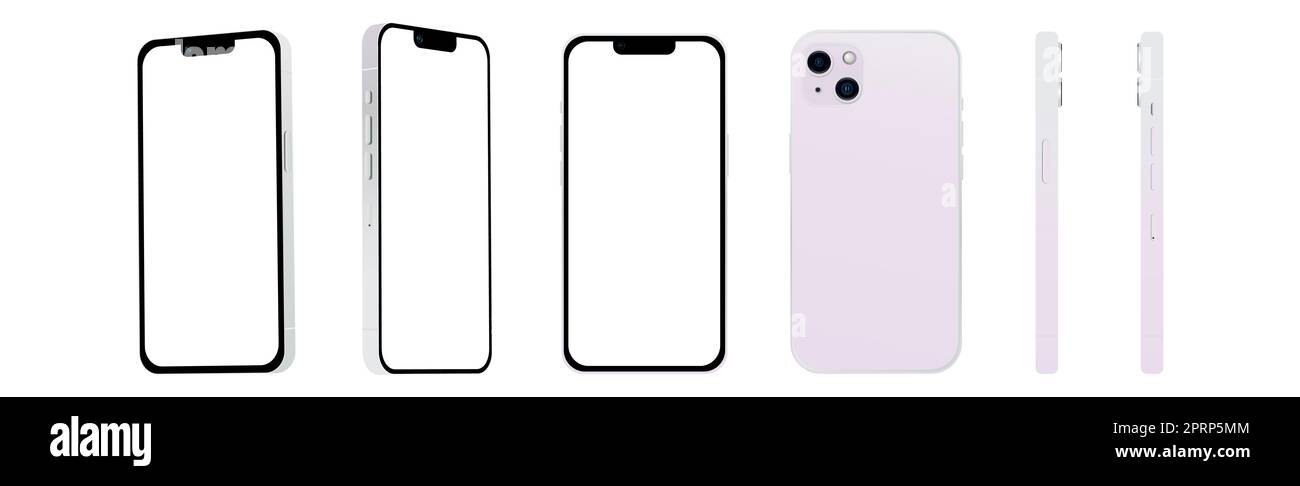 Set di 6 diverse angolazioni, modelli di smartphone viola 14, nuovo settore IT, mockup per il web design su sfondo bianco - illustrazione vettoriale Foto Stock