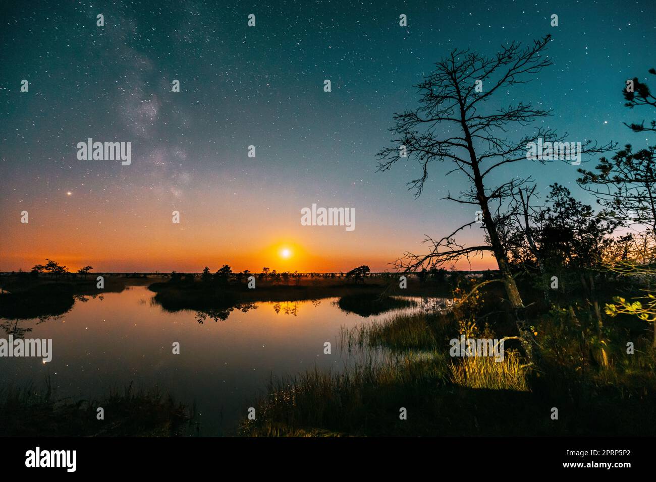 Lago natura paesaggio. Notte Starry Sky Milky Way Galaxy con stelle incandescenti e Luna. Natura iperlapse. Notte Sky Reflection in acqua Foto Stock