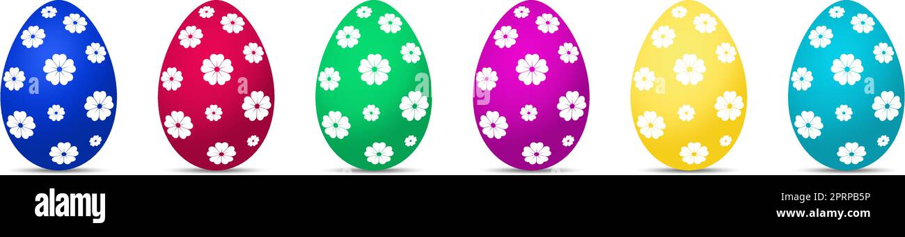 Set vettoriale di uovo di Pasqua. Uova colorate con motivi floreali su sfondo bianco isolato. Illustrazione Vettoriale
