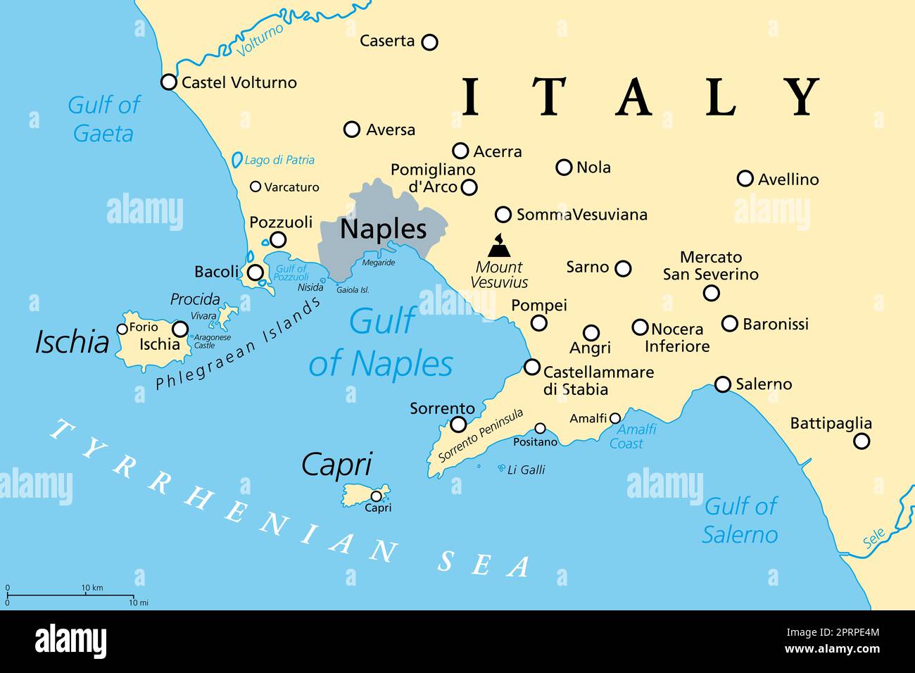 Golfo di Napoli, mappa politica. Anche Baia di Napoli, situata lungo la costa sud-occidentale d'Italia, si apre sul Mar Tirreno. Arco vulcanico campano. Foto Stock