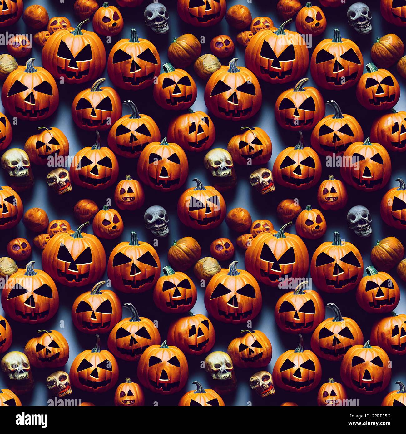 Testina di zucca per le feste di Halloween e teschi senza cuciture. 3D illustrazione Foto Stock