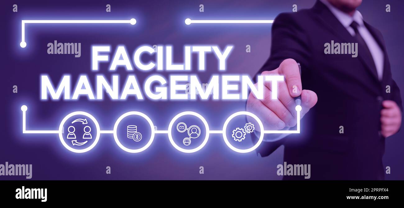Scrittura che visualizza il testo Facility Management, Business idea comprendere le aree monetarie come la finanza e investire l'uomo con una penna che punta sul digitale Foto Stock