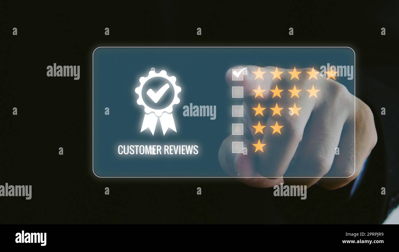 Esperienza del servizio clienti e sondaggio sulla soddisfazione aziendale icona a cinque stelle per il feedback Rivedi il servizio di soddisfazione. Foto Stock