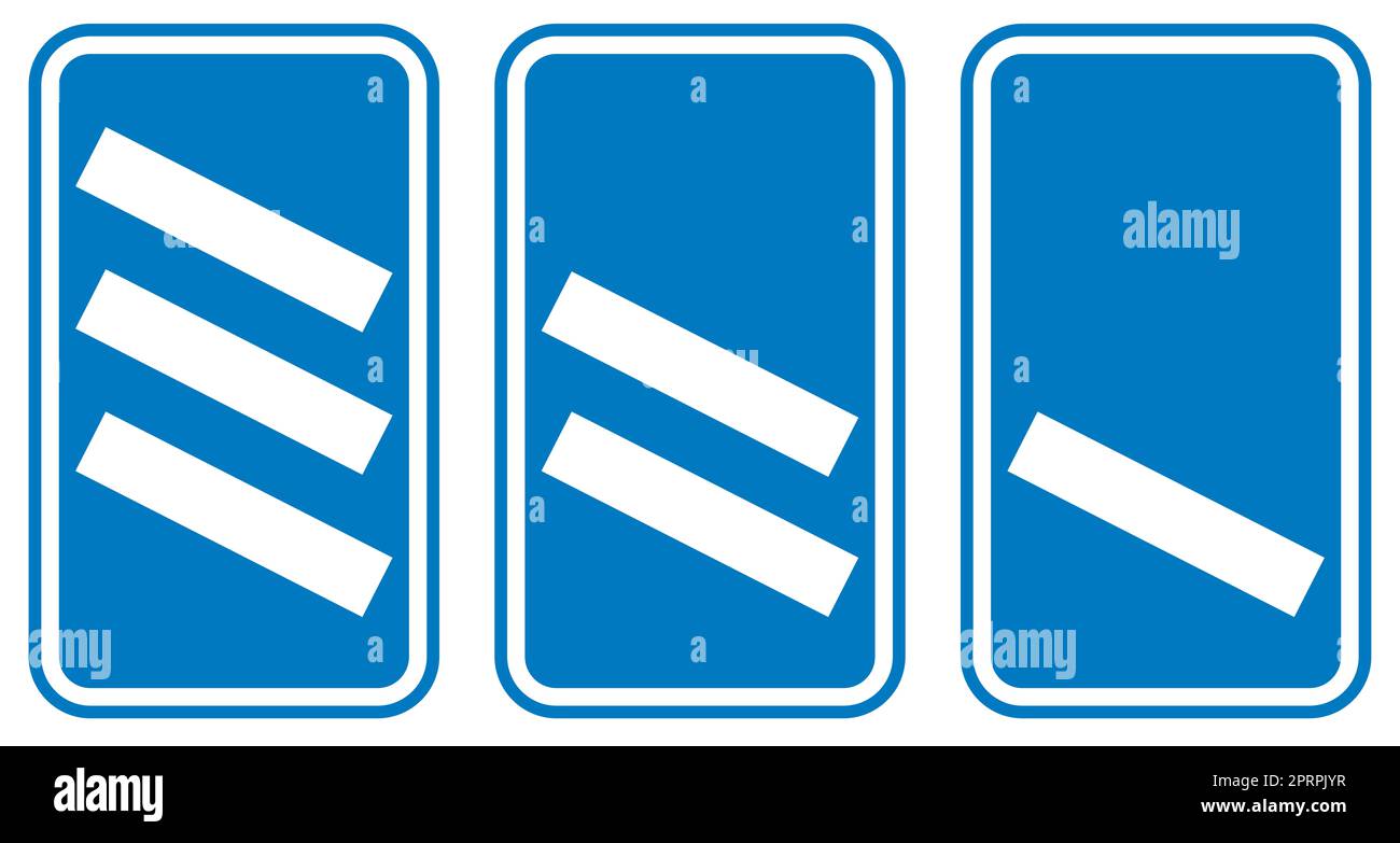 Una serie di tipiche indicazioni per il conto alla rovescia delle autostrade blu e bianche su sfondo bianco Foto Stock