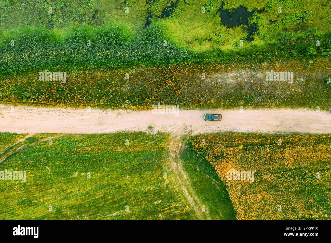 Vista aerea del SUV auto parcheggiato sulla strada di campagna tra il campo rurale e il paesaggio paludoso di Marsh Bog. Giorno d'estate Foto Stock