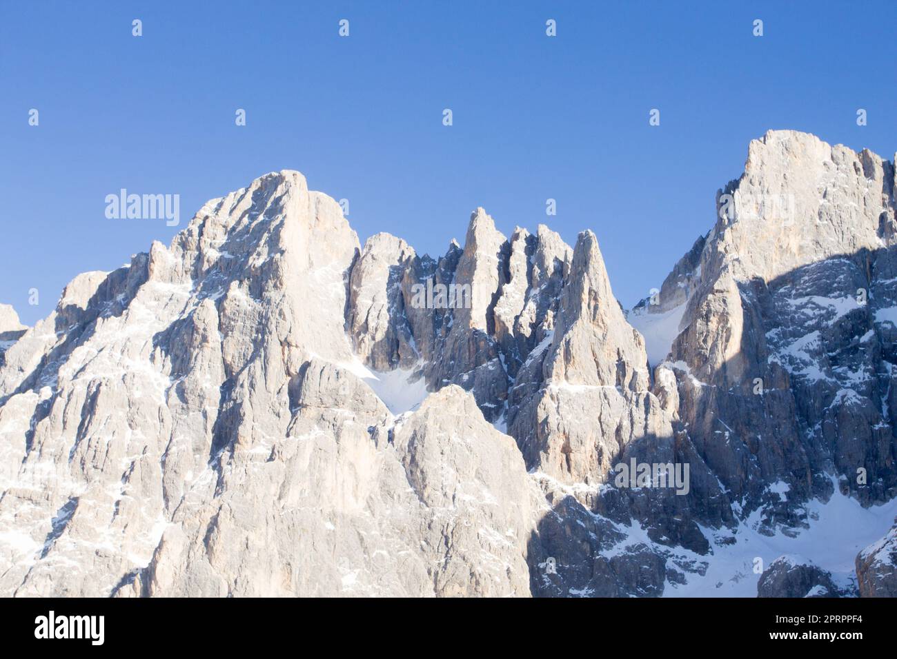 Vista sulle cime delle Dolomiti. San Martino di Castrozza, Italia Foto Stock
