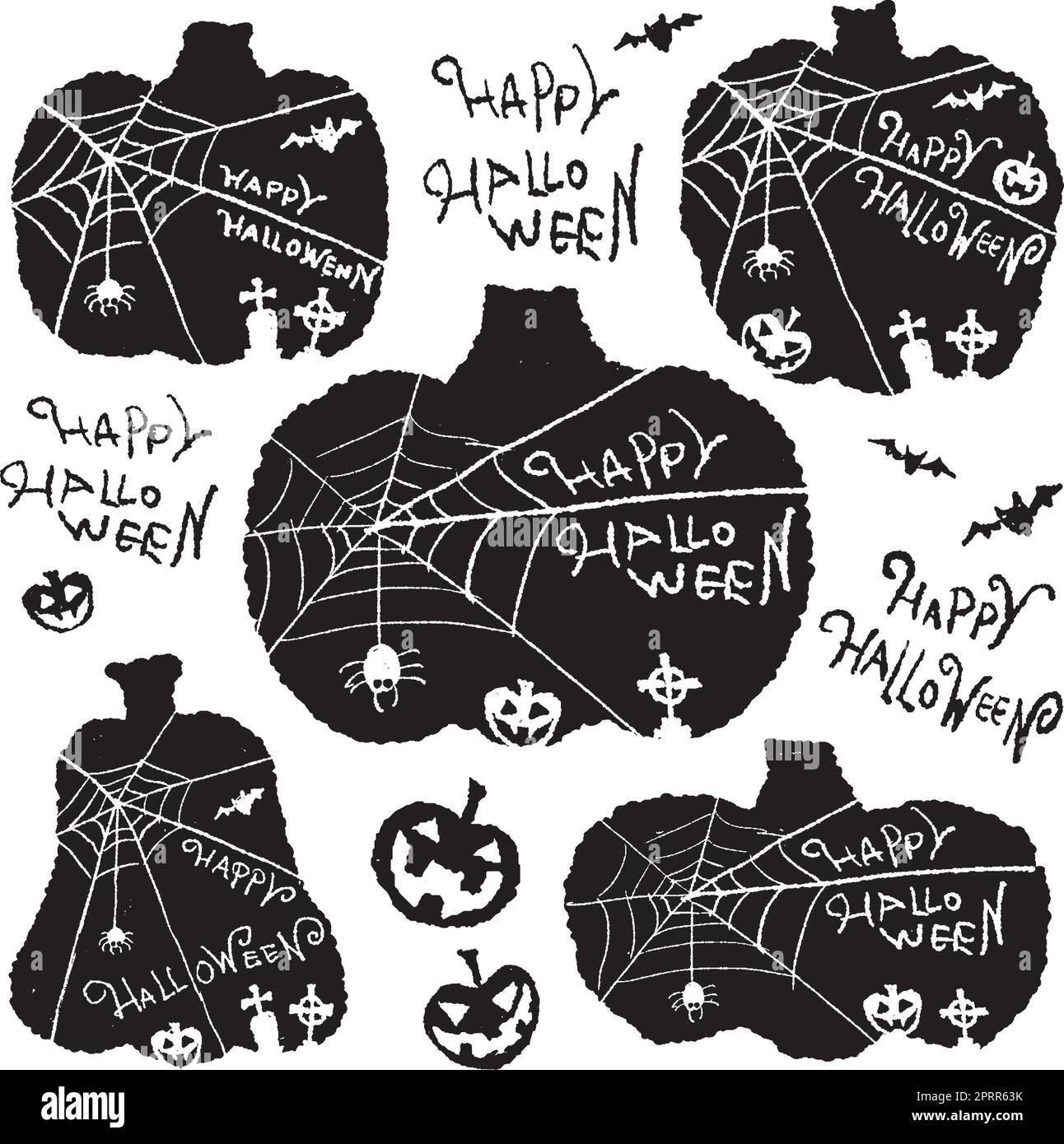 Illustrazione di Halloween disegnata a mano (Halloween felice, jack-o'-lanterna, pipistrelli, ragni e ciottoli, lapidi) Illustrazione Vettoriale