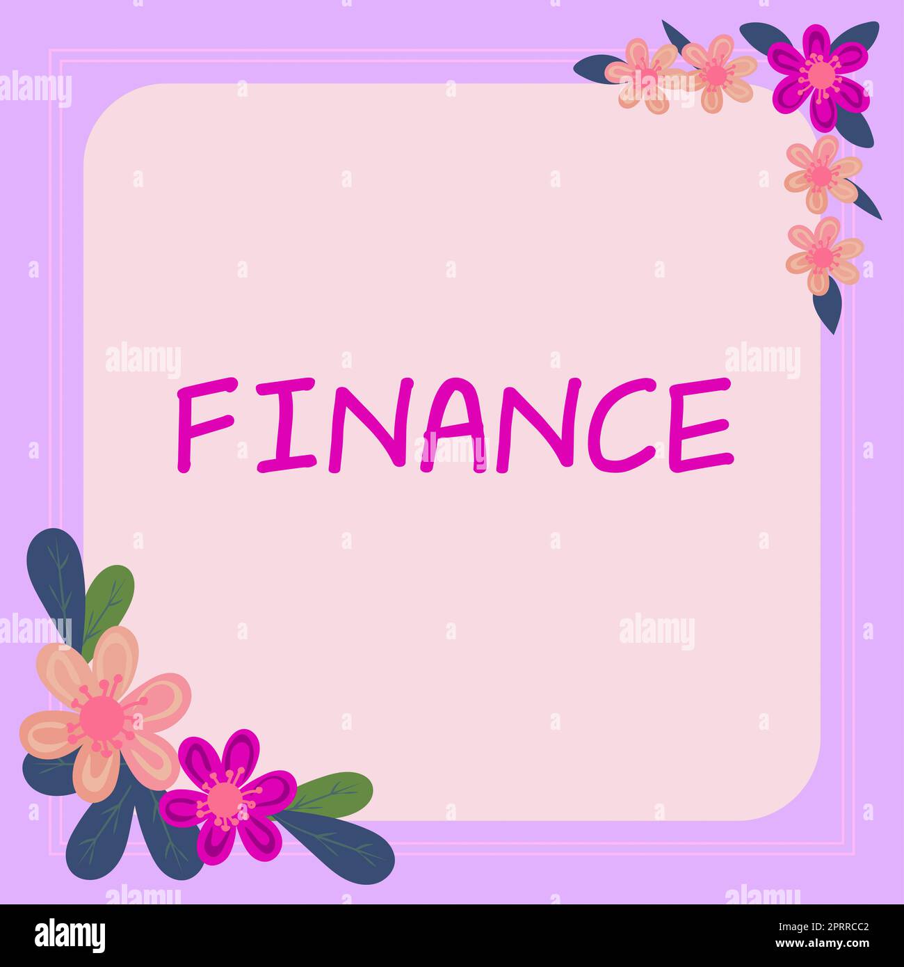 Testo di scrittura Finanza, Word scritto sulla vendita del prodotto o servizio ad un prezzo più basso per attrarre la cornice del cliente con le foglie e i fiori intorno e Imp Foto Stock