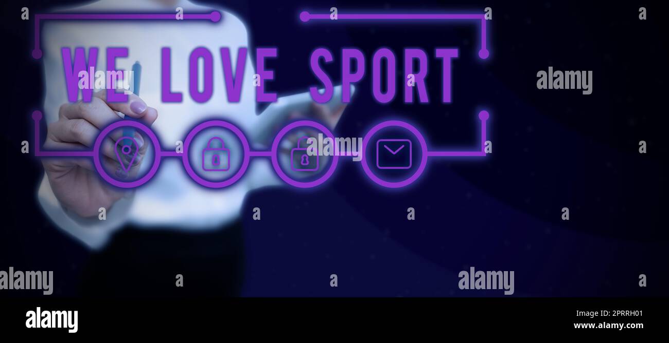 Cartello di testo che mostra We Love Sport. Parola per come le attività sportive molto esercitantesi funzionano fuori Foto Stock