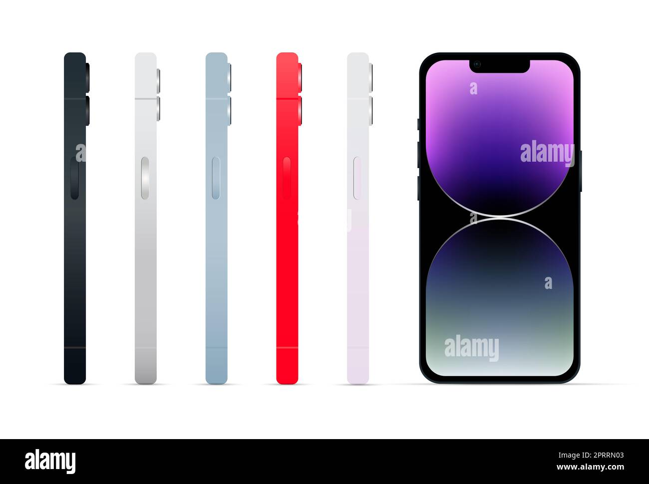 Novità, gadget moderno per smartphone versione 14, set di 5 pezzi, nuovi colori originali, modello per web design su sfondo bianco - Vector Foto Stock