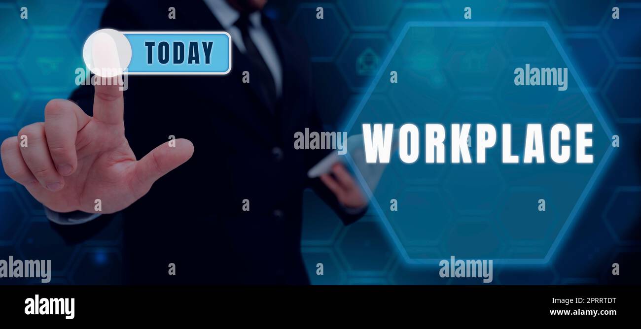 Scrittura visualizzazione testo Workplace. Parola per area in cui è possibile trovare occupato che mostra l'esecuzione dei loro ordini di lavoro Foto Stock