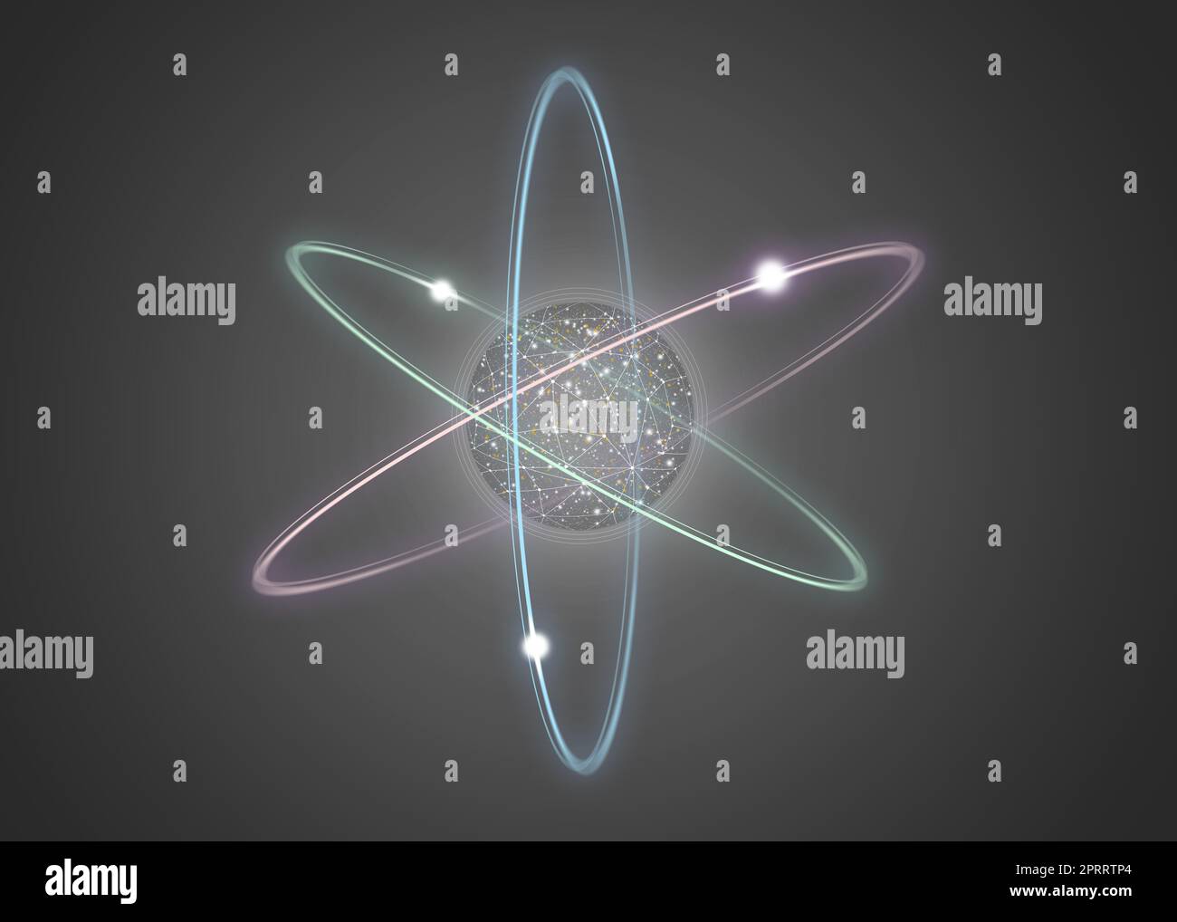 Modello virtuale di atomo su sfondo grigio. Illustrazione Foto Stock