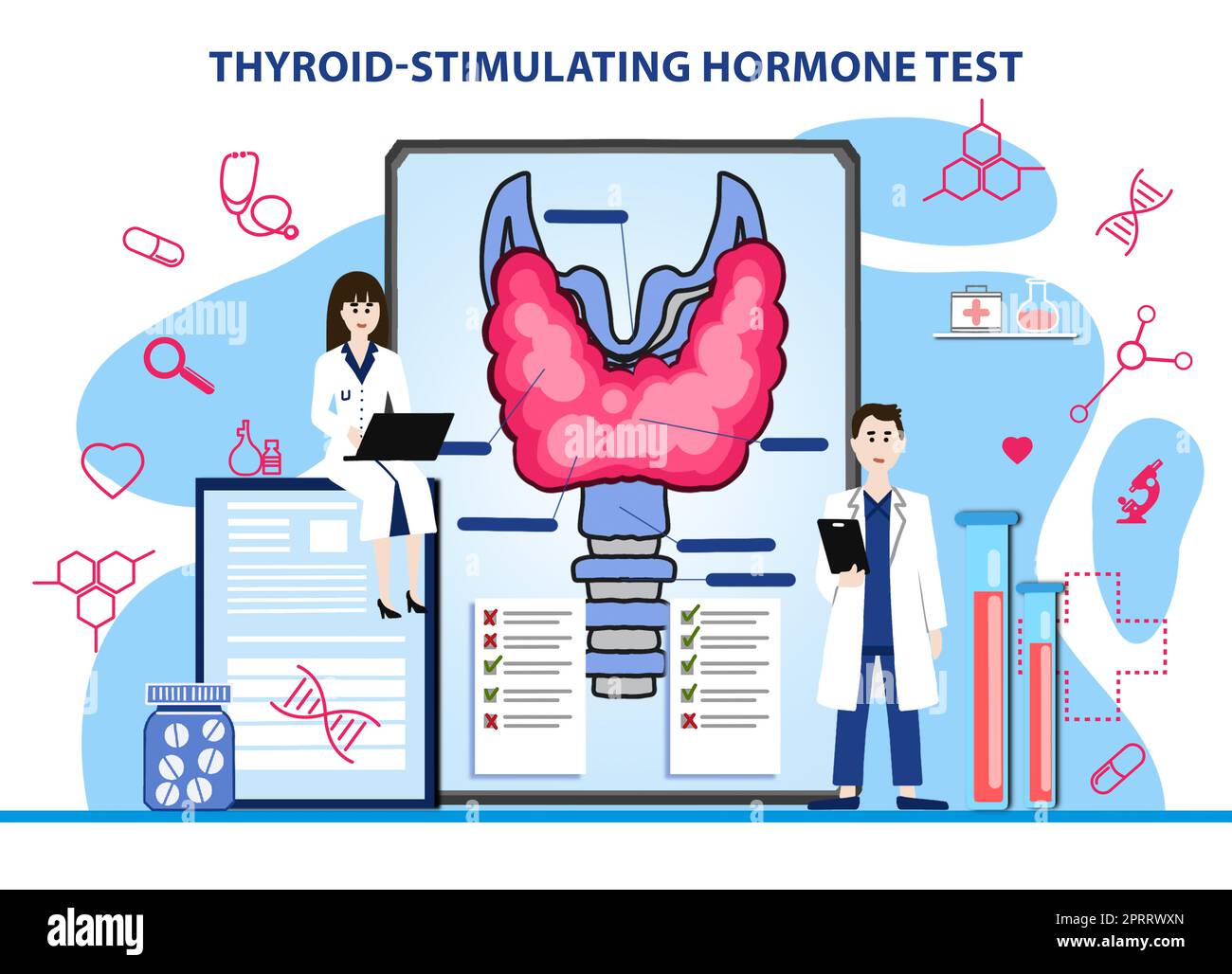 Test dell'ormone tiroideo-stimolante. Illustrazione di medici, tablet e icone diverse su sfondo bianco. Poster medico Foto Stock