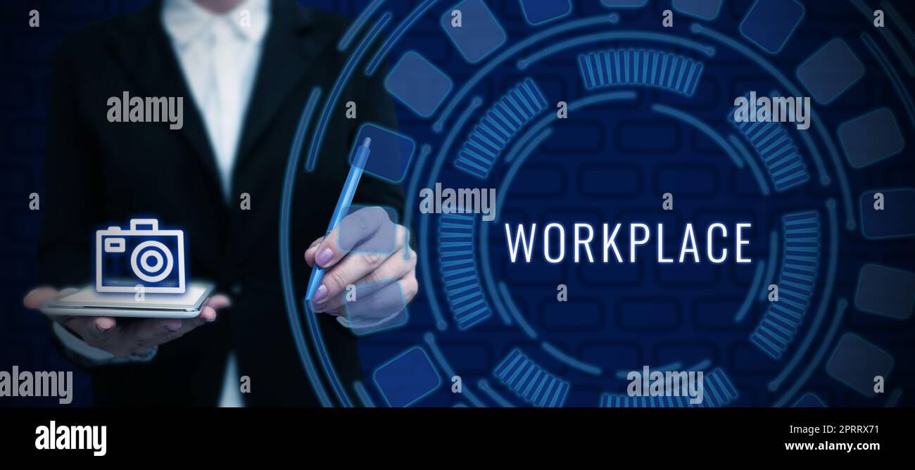 Spazio di lavoro con didascalia concettuale. Area di approccio aziendale in cui è possibile trovare occupati a mostrare l'esecuzione degli ordini di lavoro Foto Stock