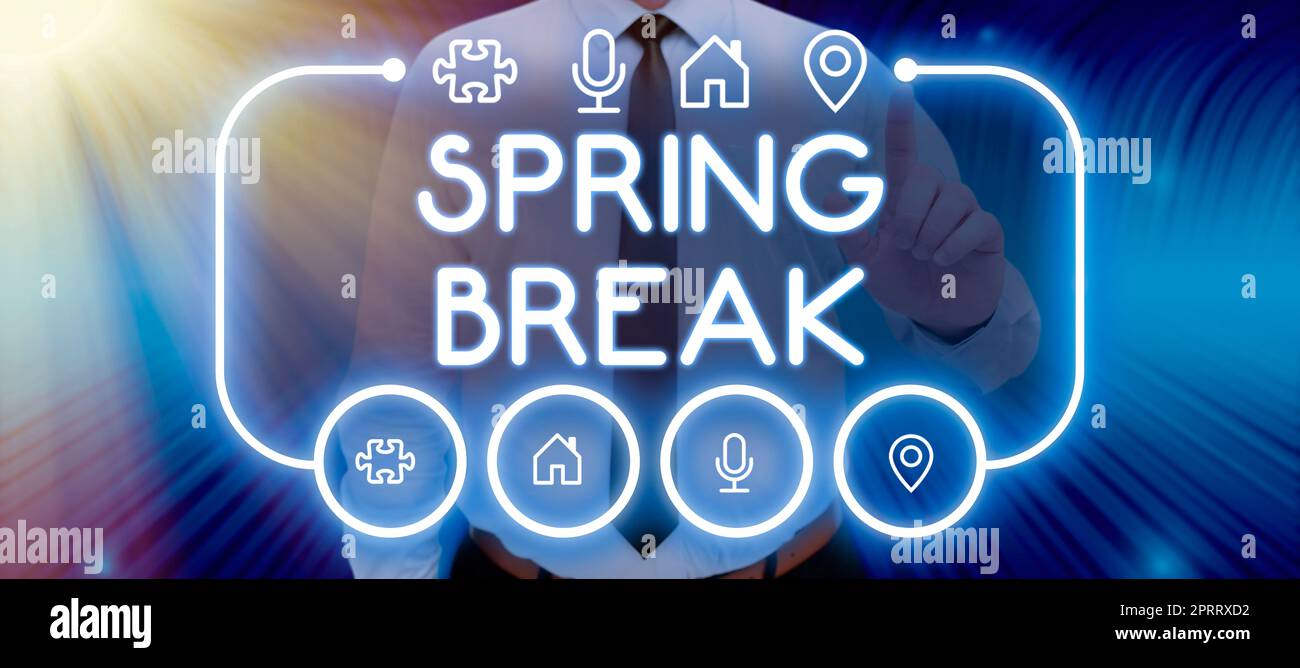 Scrittura del testo Spring Break. Concetto di Internet periodo di vacanza a scuola e università durante la primavera Foto Stock