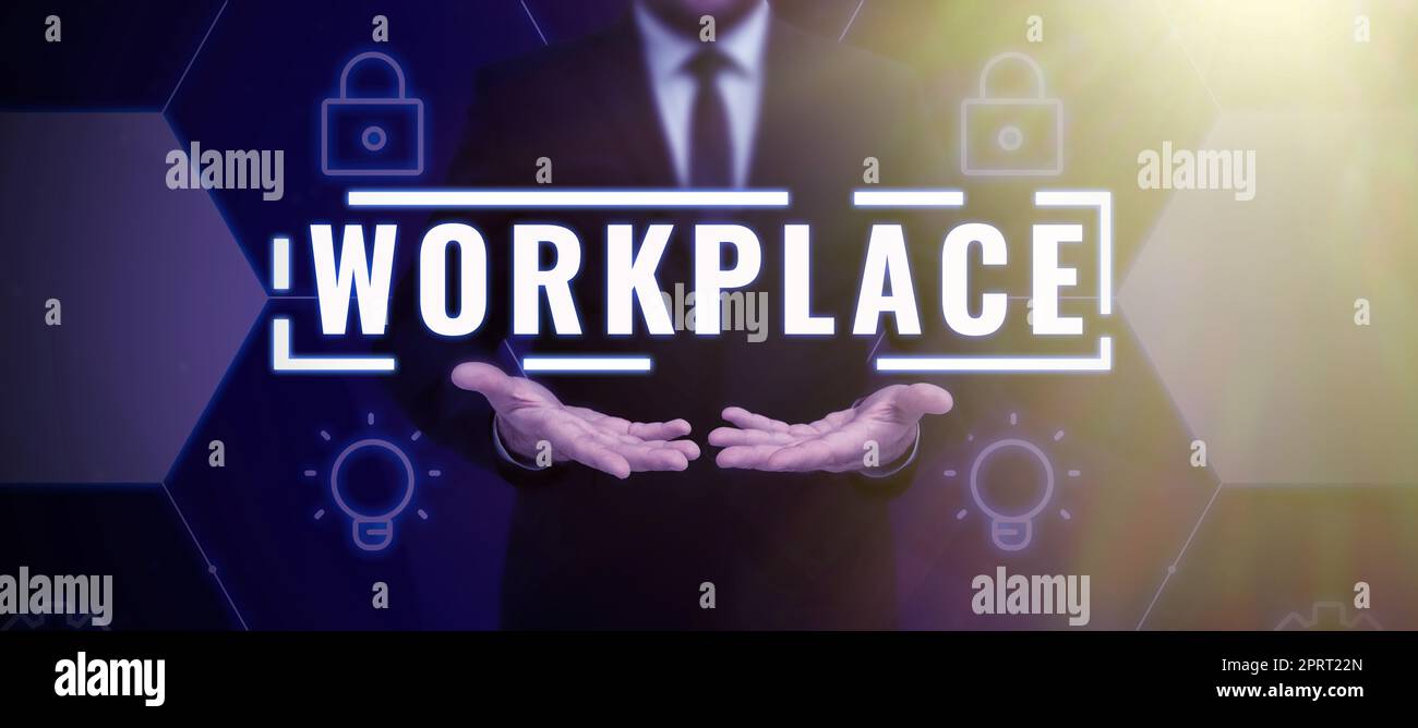 Cartello di testo che mostra Workplace. Business idea Area dove si può trovare occupato mostrando di fare i loro ordini di lavoro Foto Stock