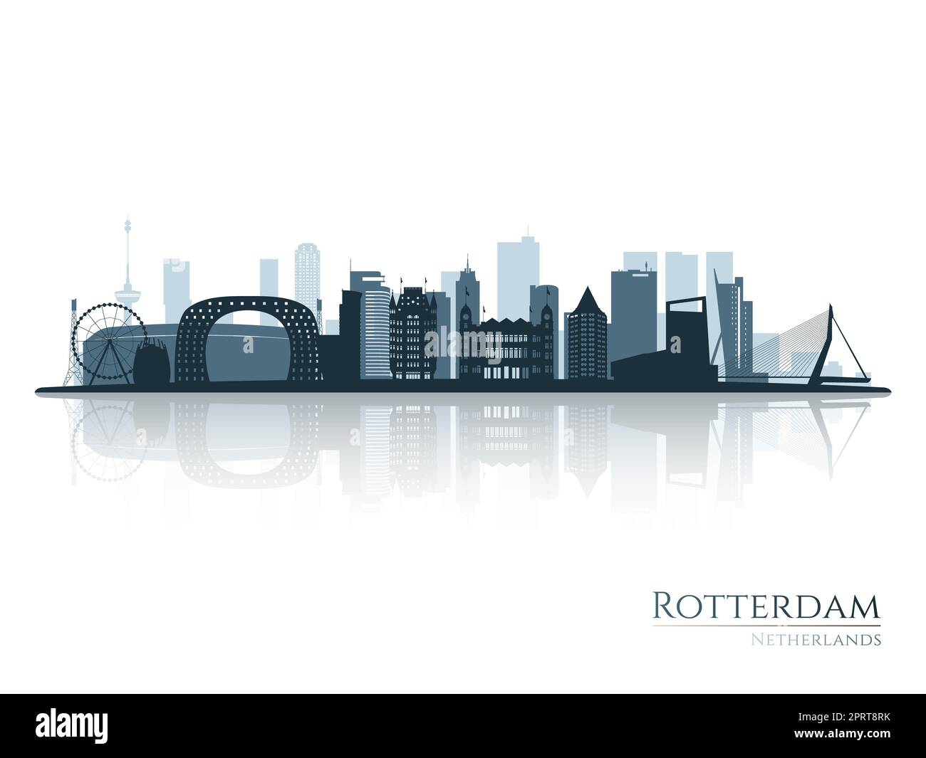 Profilo dello skyline di Rotterdam con riflessi. Paesaggio Rotterdam, Paesi Bassi. Illustrazione vettoriale. Foto Stock