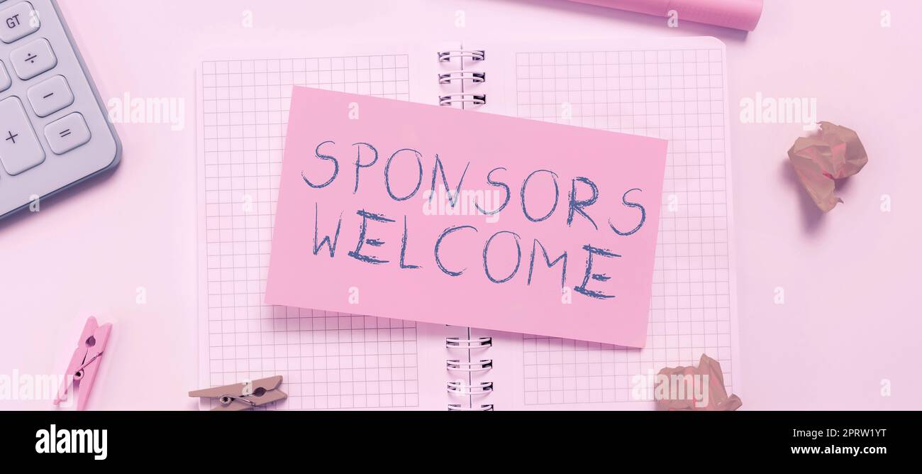 Segno di testo che mostra gli sponsor Benvenuto, approccio aziendale buono come o migliore di altri che vendono lo stesso prodotto Foto Stock