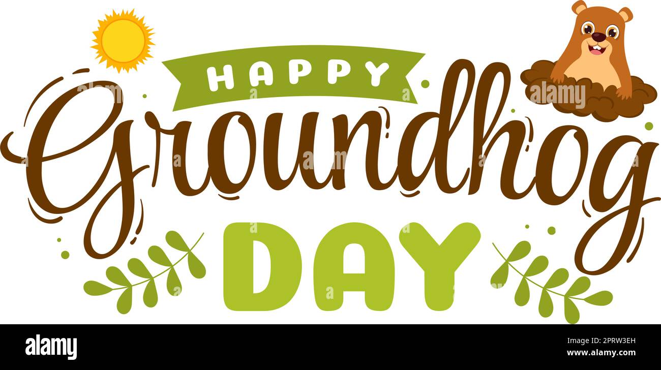 Buon giorno di Groundhog il 2 febbraio con il carattere carino Marmot e il giardino modello di sfondo disegnato a mano Cartoon Flat Illustrazione Illustrazione Vettoriale